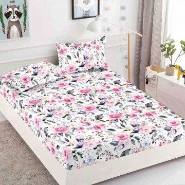 Cearsaf cu elastic Bumbac FINET 160/180x200cm 2 fete de perne 50x70cm Jojo Home Alb flori
