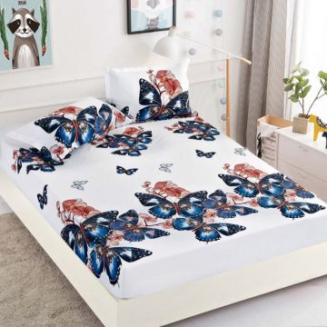 Cearsaf cu elastic Bumbac FINET 160/180x200cm 2 fete de perne 50x70cm Jojo Home Alb-Multicolor fluturi