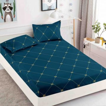 Cearsaf cu elastic Bumbac FINET 160/180x200cm 2 fete de perne 50x70cm Jojo Home Albastru dungi