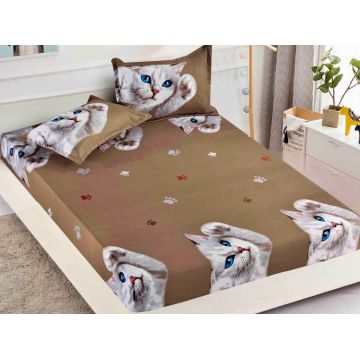 Cearsaf cu elastic Bumbac FINET 160/180x200cm 2 fete de perne 50x70cm Jojo Home Bej-Alb pisicute