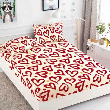 Cearsaf cu elastic Bumbac FINET 160/180x200cm 2 fete de perne 50x70cm Jojo Home Crem-Rosu inimioare
