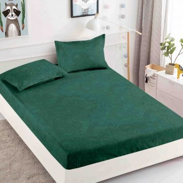 Cearsaf cu elastic Bumbac FINET 160/180x200cm 2 fete de perne 50x70cm Jojo Home Verde model floral