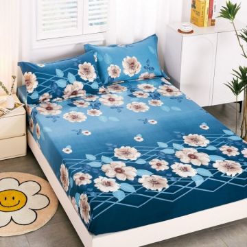 Cearsaf cu elastic Bumbac FINET 160x200cm 2 fete de perne 50x70cm Albastru flori