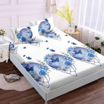 Cearsaf cu elastic Bumbac FINET 160x200cm 2 fete de perne 50x70cm Albastru fluturi trandafiri