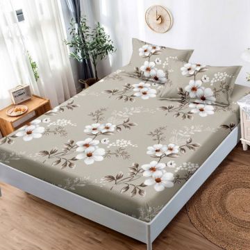 Cearsaf cu elastic Bumbac FINET 160x200cm 2 fete de perne 50x70cm Bej flori