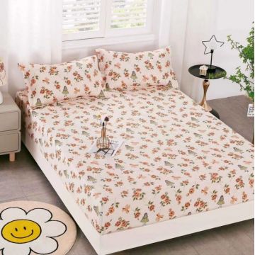 Cearsaf cu elastic Bumbac FINET 160x200cm 2 fete de perne 50x70cm Bej flori fundite