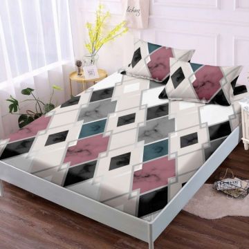 Cearsaf cu elastic Bumbac FINET 160x200cm 2 fete de perne 50x70cm Gri romburi