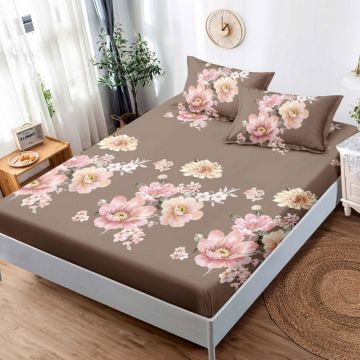 Cearsaf cu elastic Bumbac FINET 160x200cm 2 fete de perne 50x70cm Maro flori