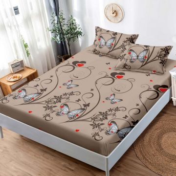 Cearsaf cu elastic Bumbac FINET 160x200cm 2 fete de perne 50x70cm Maro fluturi inimioare