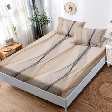 Cearsaf cu elastic Bumbac FINET 160x200cm 2 fete de perne 50x70cm Maro linii