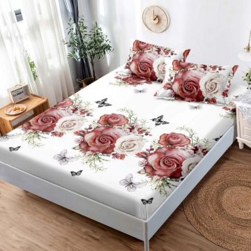 Cearsaf cu elastic Bumbac FINET 160x200cm 2 fete de perne 50x70cm Rosu trandafiri fluturi