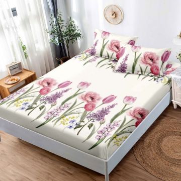 Cearsaf cu elastic Bumbac FINET 160x200cm 2 fete de perne 50x70cm Roz lalele