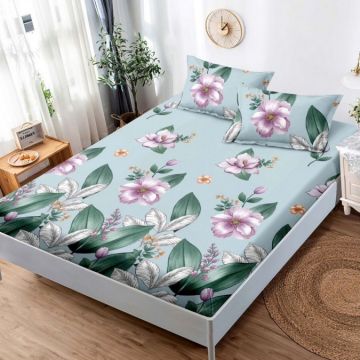 Cearsaf cu elastic Bumbac FINET 160x200cm 2 fete de perne 50x70cm Verde flori
