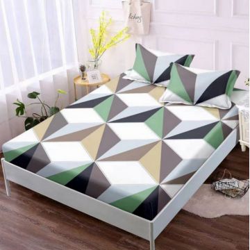Cearsaf cu elastic Bumbac FINET 160x200cm 2 fete de perne 50x70cm Verde forme geometrice