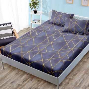 Cearsaf cu elastic Bumbac FINET 180x200cm 2 fete de perne 50x70cm Gri albastrui forme geometrice