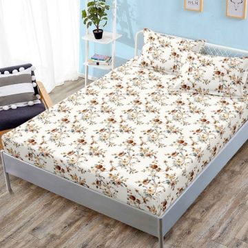 Cearsaf cu elastic Bumbac FINET 180x200cm 2 fete de perne 50x70cm Bej flori