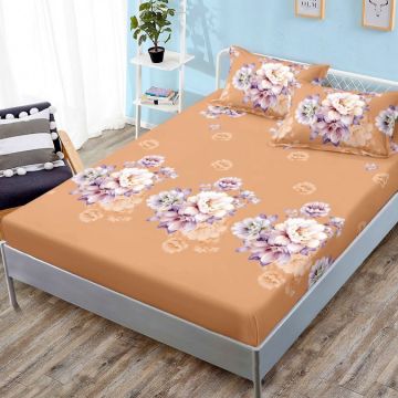 Cearsaf cu elastic Bumbac FINET 180x200cm 2 fete de perne 50x70cm Bej flori