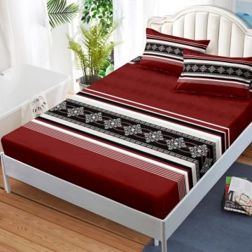 Cearsaf cu elastic Bumbac FINET 180x200cm 2 fete de perne 50x70cm Grena dungi model oriental