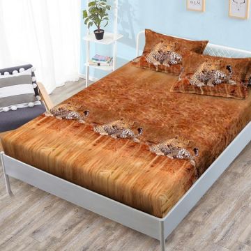 Cearsaf cu elastic Bumbac FINET 180x200cm 2 fete de perne 50x70cm Maro leoparzi