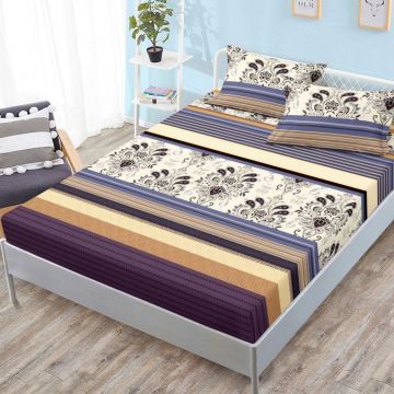 Cearsaf cu elastic Bumbac FINET 180x200cm 2 fete de perne 50x70cm Mov dungi model oriental