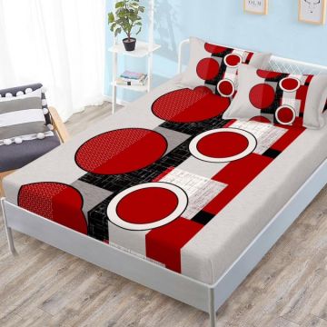 Cearsaf cu elastic Bumbac FINET 180x200cm 2 fete de perne 50x70cm Rosu cercuri