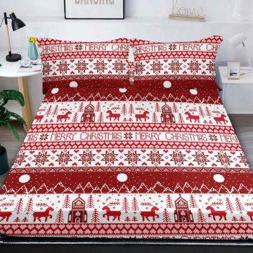 Cearsaf cu elastic Bumbac FINET 180x200cm 2 fete de perne 50x70cm X-Mass Collection Rosu