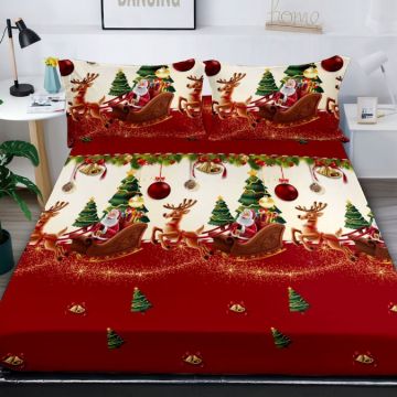 Cearsaf cu elastic Bumbac FINET 180x200cm 2 fete de perne 50x70cm X-Mass Collection Rosu