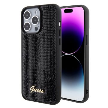 Husa de protectie telefon Guess pentru iPhone 15, Metal Logo, Paiete, Silicon, Negru