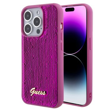 Husa de protectie telefon Guess pentru iPhone 15, Metal Logo, Paiete, Silicon, Roz Fuchsia