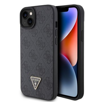 Husa telefon Guess pentru iPhone 15, Metal Logo triunghi, Piele ecologica, Negru