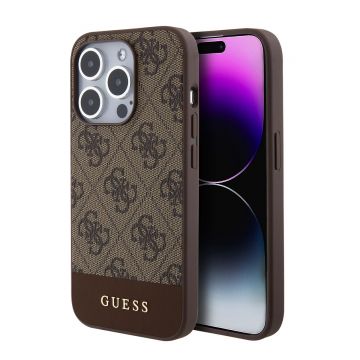 Husa de protectie telefon Guess pentru iPhone 15 Pro, 4G Stripe MagSafe, Poliuretan, Maro