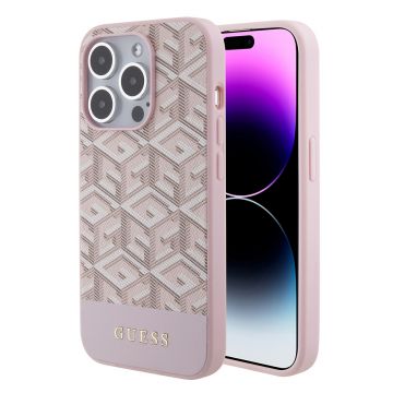 Husa telefon Guess pentru iPhone 15 Pro, G Cube MagSafe, Poliuretan, Roz