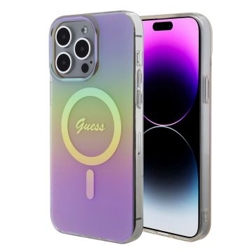Husa telefon Guess pentru iPhone 15 Pro, IML Iridescent Script MagSafe, Poliuretan, Multicolor