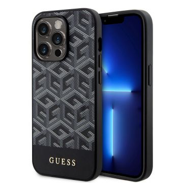 Husa de protectie telefon Guess pentru iPhone 15 Pro Max, Metal Logo, MagSafe, Piele ecologica, Negru