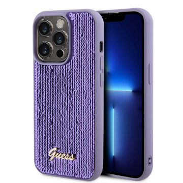 Husa telefon Guess pentru iPhone 15 Pro Max, Metal Logo, Paiete, Silicon, Violet