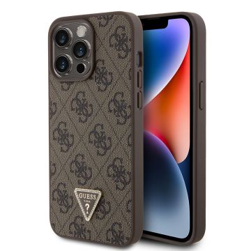 Husa de protectie telefon Guess pentru iPhone 15 Pro Max, Metal Logo triunghi, Piele ecologica, Maro