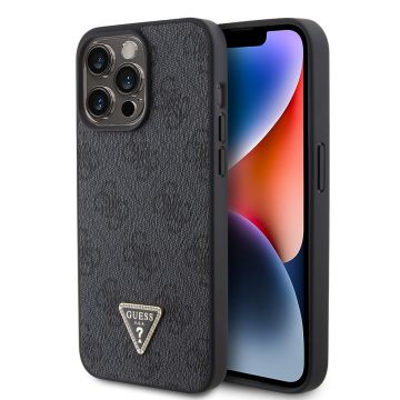 Husa telefon Guess pentru iPhone 15 Pro, Metal Logo triunghi, Piele ecologica, Negru