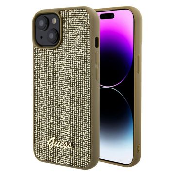 Husa telefon Guess pentru iPhone 15, Square Mirror Script Logo, PU, Auriu