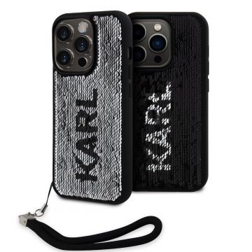 Husa telefon Karl Lagerfeld pentru iPhone 15 Pro, Paiete, Silicon, Negru/Argintiu