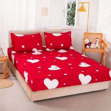 Cearsaf cu elastic Bumbac Satinat 160/180x200cm 2 fete de perne 50x70cm Rosu inimioare