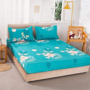 Cearsaf cu elastic Bumbac Satinat 160/180x200cm 2 fete de perne 50x70cm Turquoise flori