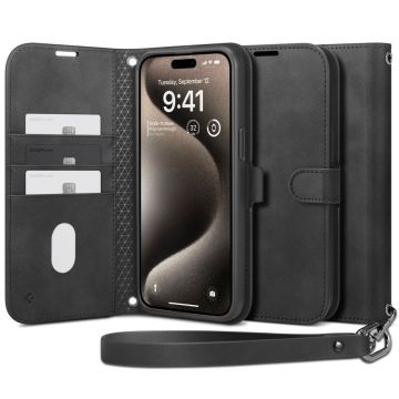 Husa cu snur Spigen Wallet S Pro compatibila cu iPhone 15 Pro Max Black