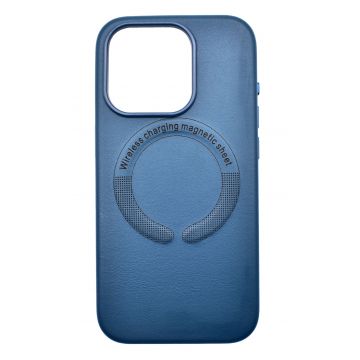 Husa din piele ecologica compatibila MagSafe pentru Apple iPhone 15 Plus Albastru inchis