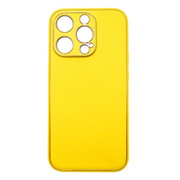Husa eleganta din piele ecologica cu insertii aurii, Full protection, pentru iPhone 15, Galben