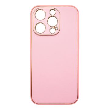 Husa eleganta din piele ecologica cu insertii aurii, Full protection, pentru iPhone 15 Plus, Roz