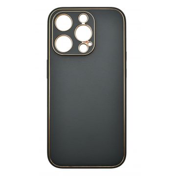 Husa eleganta din piele ecologica cu insertii aurii, Full protection, pentru iPhone 15 Plus, Verde inchis