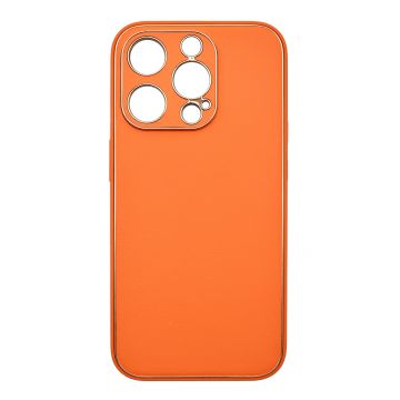 Husa eleganta din piele ecologica cu insertii aurii, Full protection, pentru iPhone 15 Pro Max, Portocaliu