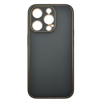 Husa eleganta din piele ecologica cu insertii aurii, Full protection, pentru iPhone 15 Pro Max, Verde inchis