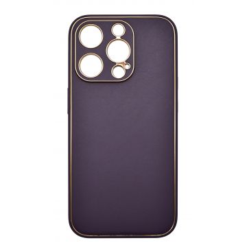 Husa eleganta din piele ecologica cu insertii aurii, Full protection, pentru iPhone 15 Pro Max, Violet