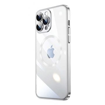 Husa Luxury MagSafe compatibila cu iPhone 15, Full protection, Margini colorate, Argintiu